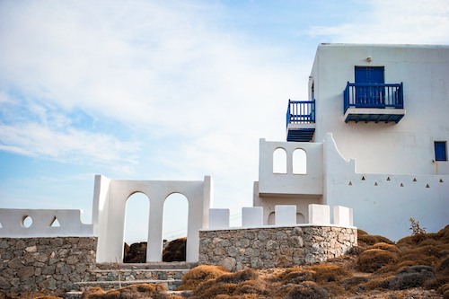 Typical blue door with blue door. Greece, Mykonos